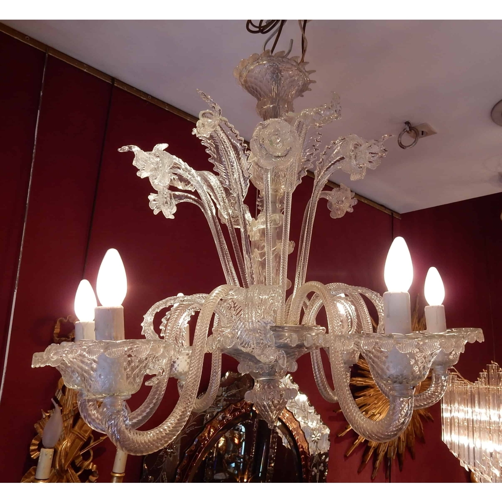 1950′ Lustre Cristal Murano 6 Branches, Coupoles a Bord Renversé | Biron ||||||||