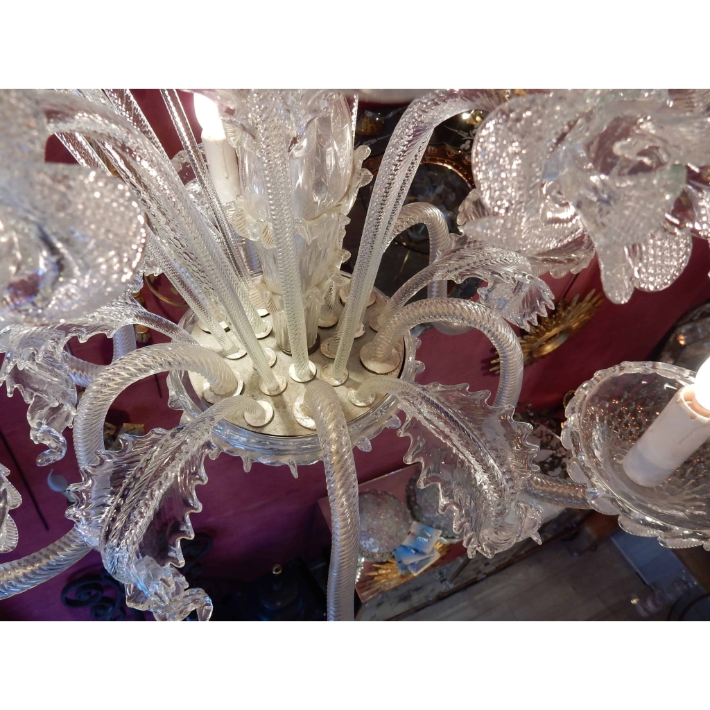1950′ Lustre Cristal Murano 6 Branches, Coupoles a Bord Renversé | Biron 1950' Lustre Cristal Murano 6 Branches, Coupoles a Bord Renversé