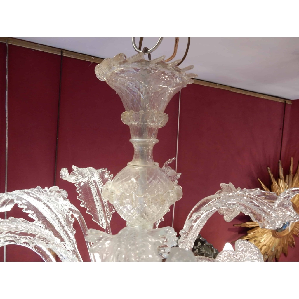 1950′ Lustre Cristal Murano 6 Branches, Coupoles a Bord Renversé | Biron 1950' Lustre Cristal Murano 6 Branches, Coupoles a Bord Renversé