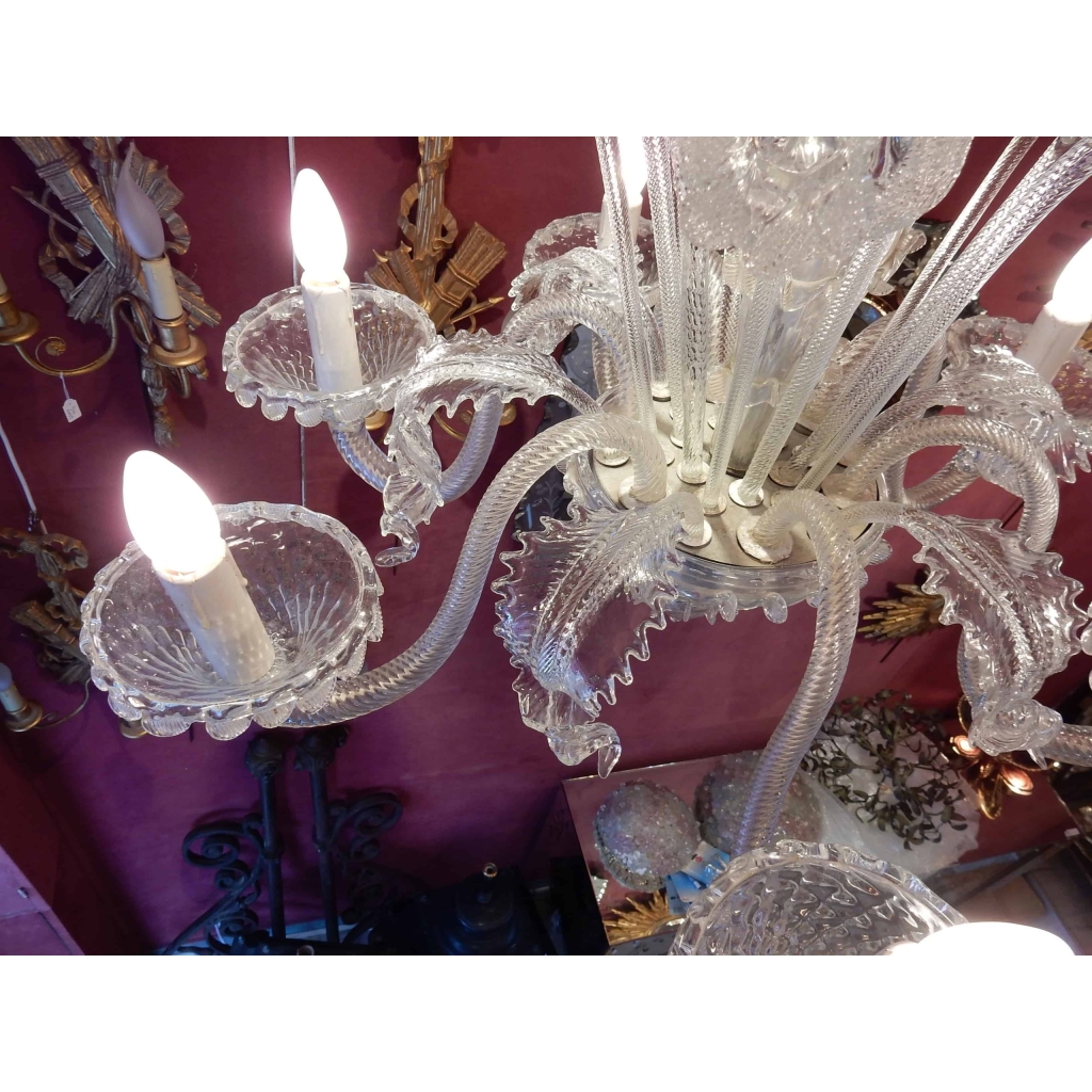 1950′ Lustre Cristal Murano 6 Branches, Coupoles a Bord Renversé | Biron 1950' Lustre Cristal Murano 6 Branches, Coupoles a Bord Renversé