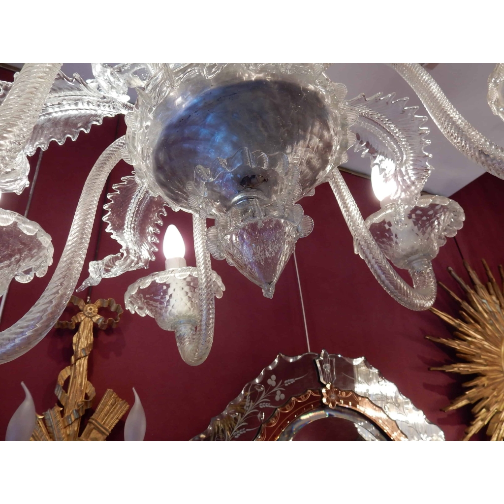 1950′ Lustre Cristal Murano 6 Branches, Coupoles a Bord Renversé | Biron 1950' Lustre Cristal Murano 6 Branches, Coupoles a Bord Renversé