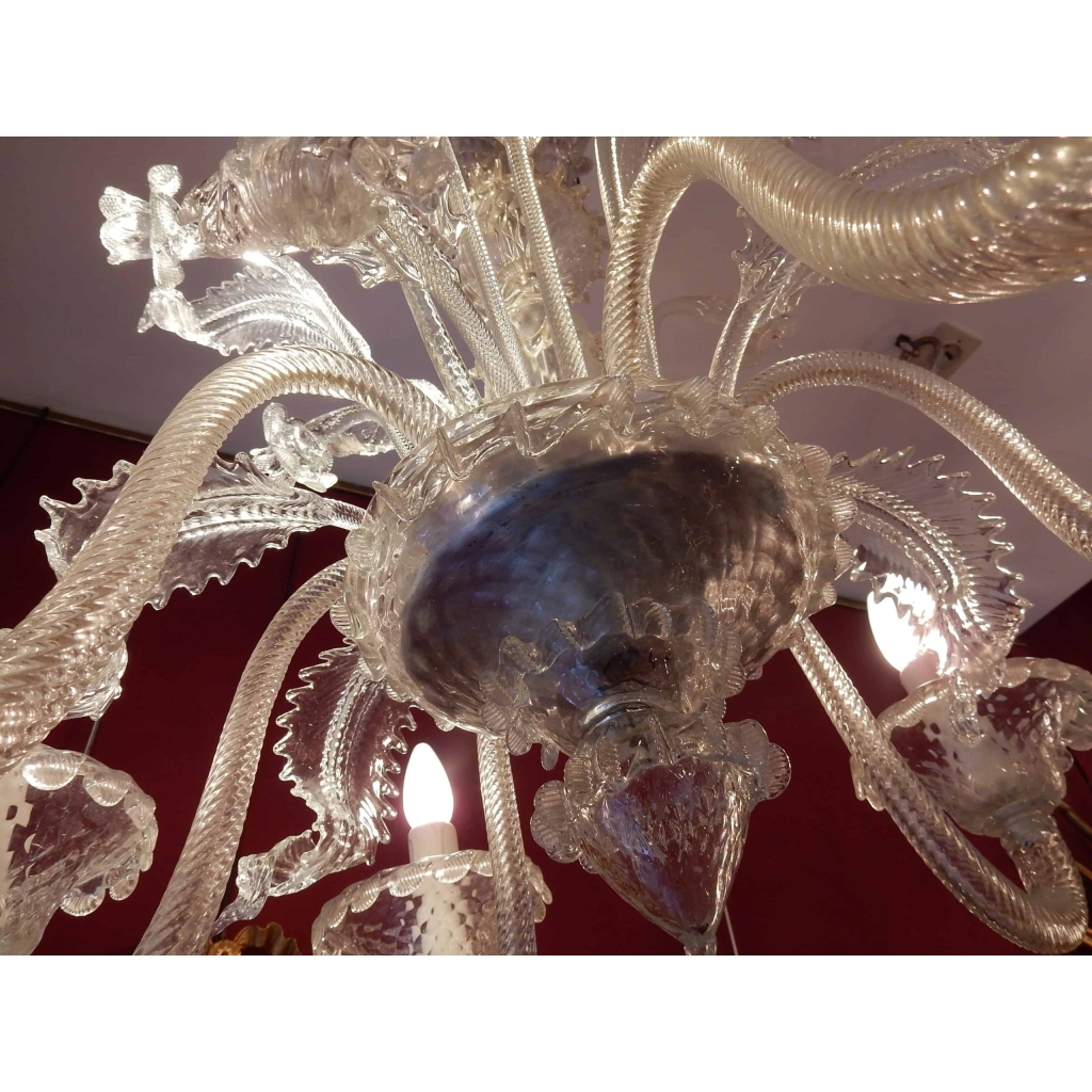1950′ Lustre Cristal Murano 6 Branches, Coupoles a Bord Renversé | Biron 1950' Lustre Cristal Murano 6 Branches, Coupoles a Bord Renversé