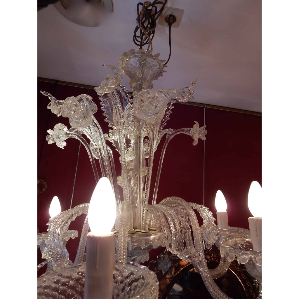 1950′ Lustre Cristal Murano 6 Branches, Coupoles a Bord Renversé | Biron 1950' Lustre Cristal Murano 6 Branches, Coupoles a Bord Renversé