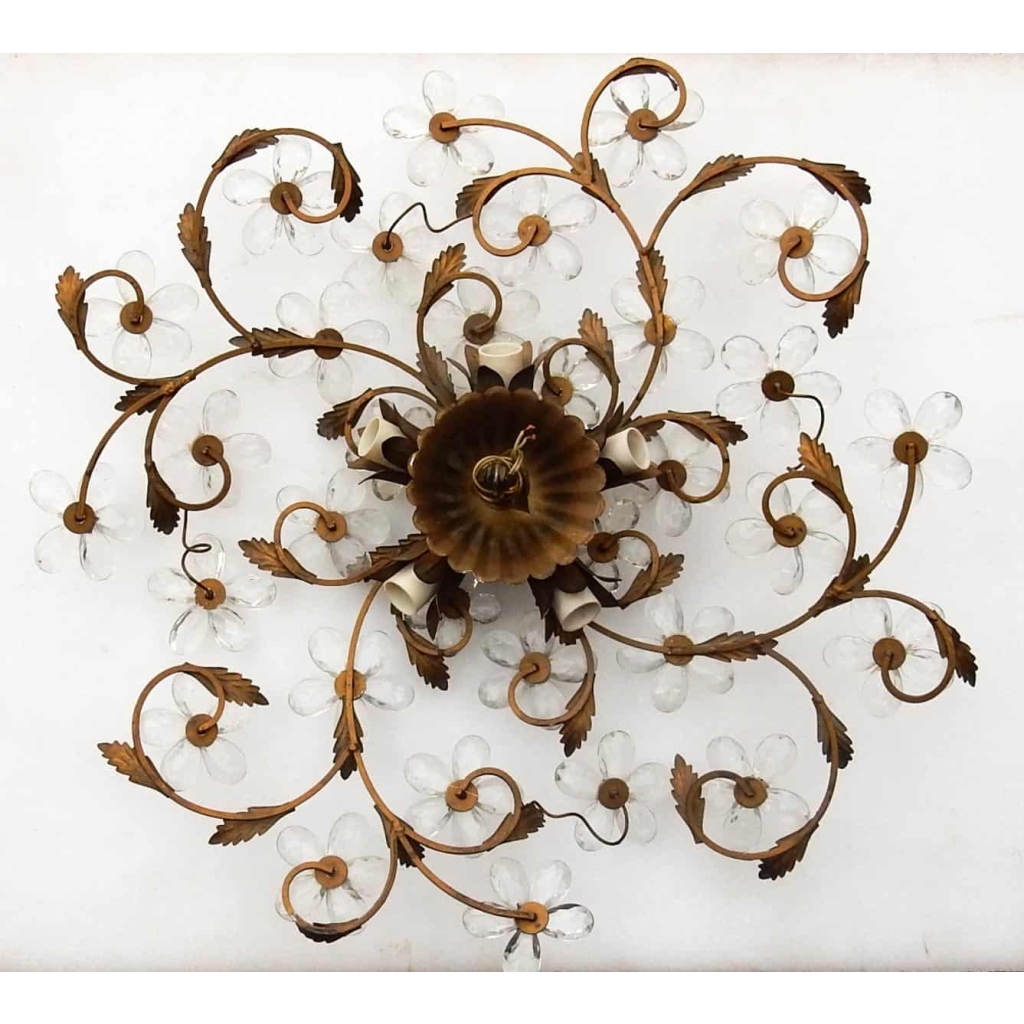 1970′ Plafonnier ou Applique à Décor de Fleurs et Feuilles en Métal Doré Style Maison Bagués Feuilles en Verre | Biron |||||||