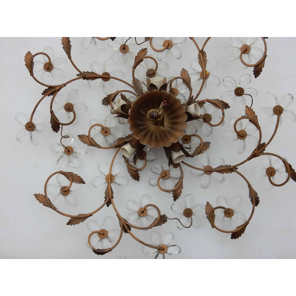 1970′ Plafonnier ou Applique à Décor de Fleurs et Feuilles en Métal Doré Style Maison Bagués Feuilles en Verre | Biron 1970' Plafonnier ou Applique à Décor de Fleurs et Feuilles en Métal Doré Style Maison Bagués Feuilles en Verre