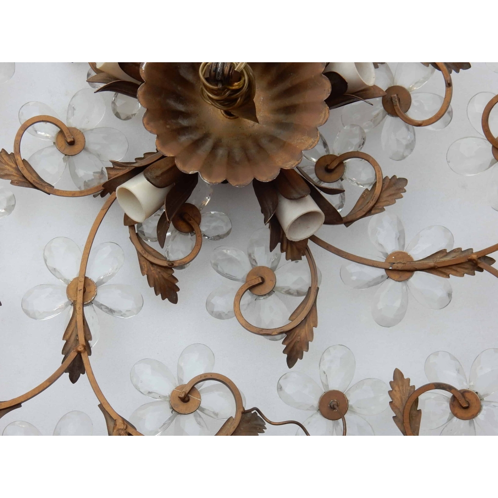 1970′ Plafonnier ou Applique à Décor de Fleurs et Feuilles en Métal Doré Style Maison Bagués Feuilles en Verre | Biron 1970' Plafonnier ou Applique à Décor de Fleurs et Feuilles en Métal Doré Style Maison Bagués Feuilles en Verre