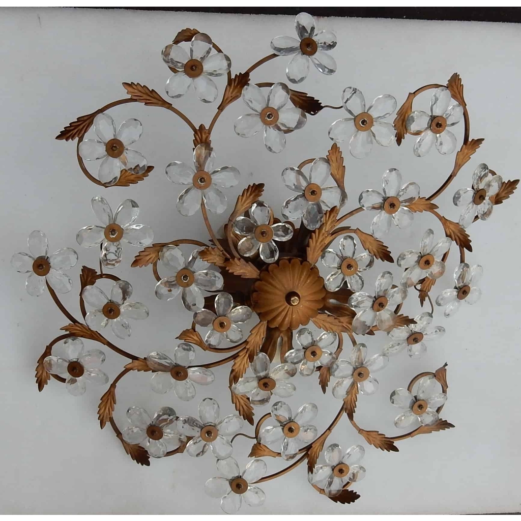 1970′ Plafonnier ou Applique à Décor de Fleurs et Feuilles en Métal Doré Style Maison Bagués Feuilles en Verre | Biron 1970' Plafonnier ou Applique à Décor de Fleurs et Feuilles en Métal Doré Style Maison Bagués Feuilles en Verre