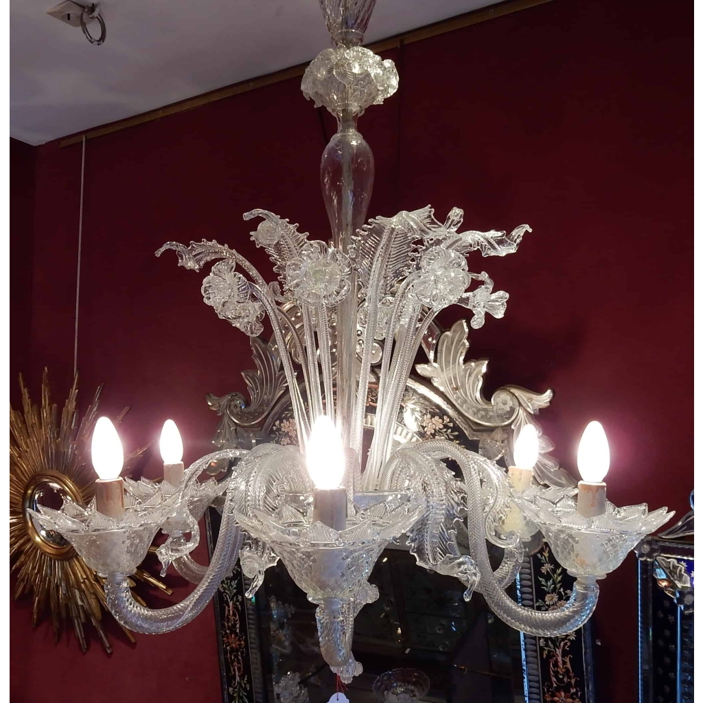 1950′ Lustre Cristal Murano 6 Branches Coupoles a Bord Montant | Biron ||||||||