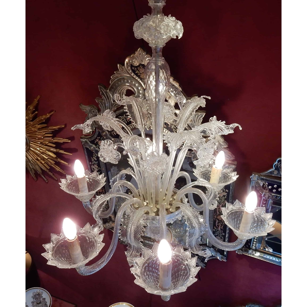 1950′ Lustre Cristal Murano 6 Branches Coupoles a Bord Montant | Biron 1950' Lustre Cristal Murano 6 Branches Coupoles a Bord Montant
