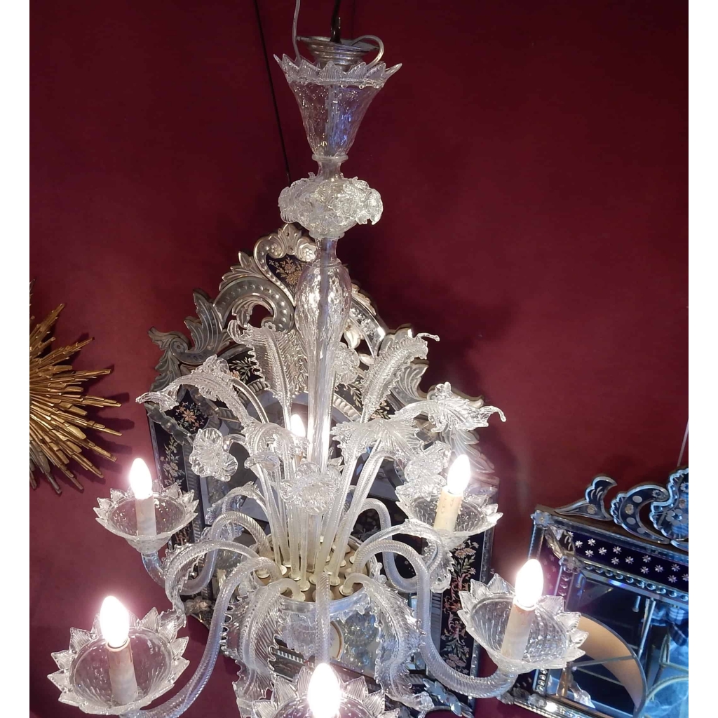 1950′ Lustre Cristal Murano 6 Branches Coupoles a Bord Montant | Biron 1950' Lustre Cristal Murano 6 Branches Coupoles a Bord Montant