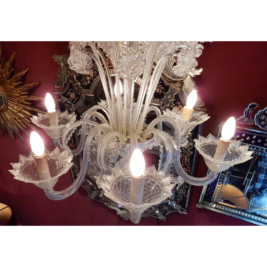 1950′ Lustre Cristal Murano 6 Branches Coupoles a Bord Montant | Biron 1950' Lustre Cristal Murano 6 Branches Coupoles a Bord Montant