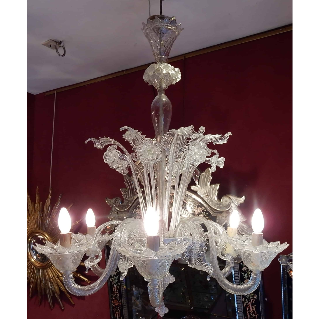 1950′ Lustre Cristal Murano 6 Branches Coupoles a Bord Montant | Biron 1950' Lustre Cristal Murano 6 Branches Coupoles a Bord Montant