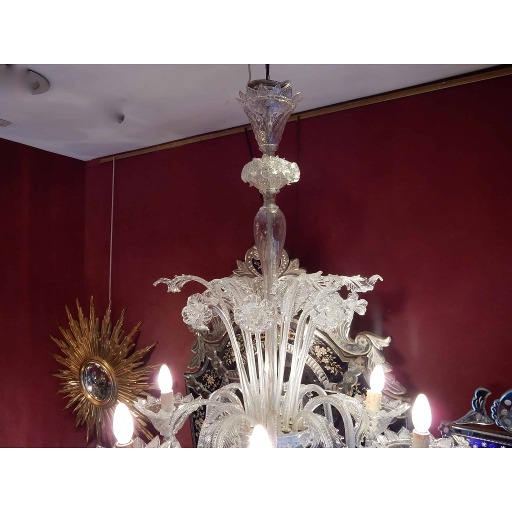 1950′ Lustre Cristal Murano 6 Branches Coupoles a Bord Montant | Biron 1950' Lustre Cristal Murano 6 Branches Coupoles a Bord Montant