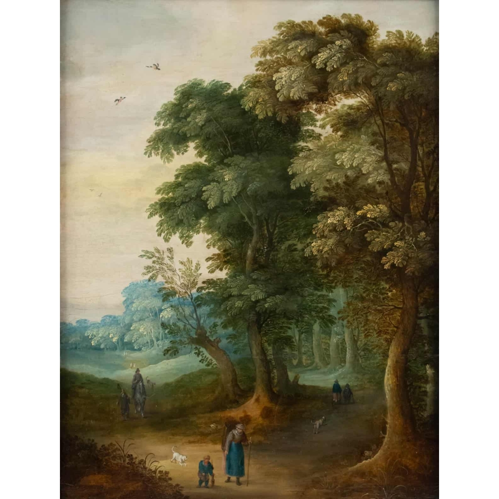 Personnages dans un sous-bois école flamande peinture XVIIème siècle