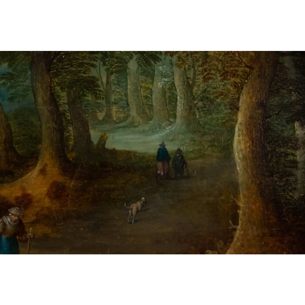 Personnages dans un sous-bois école flamande peinture XVIIème siècle