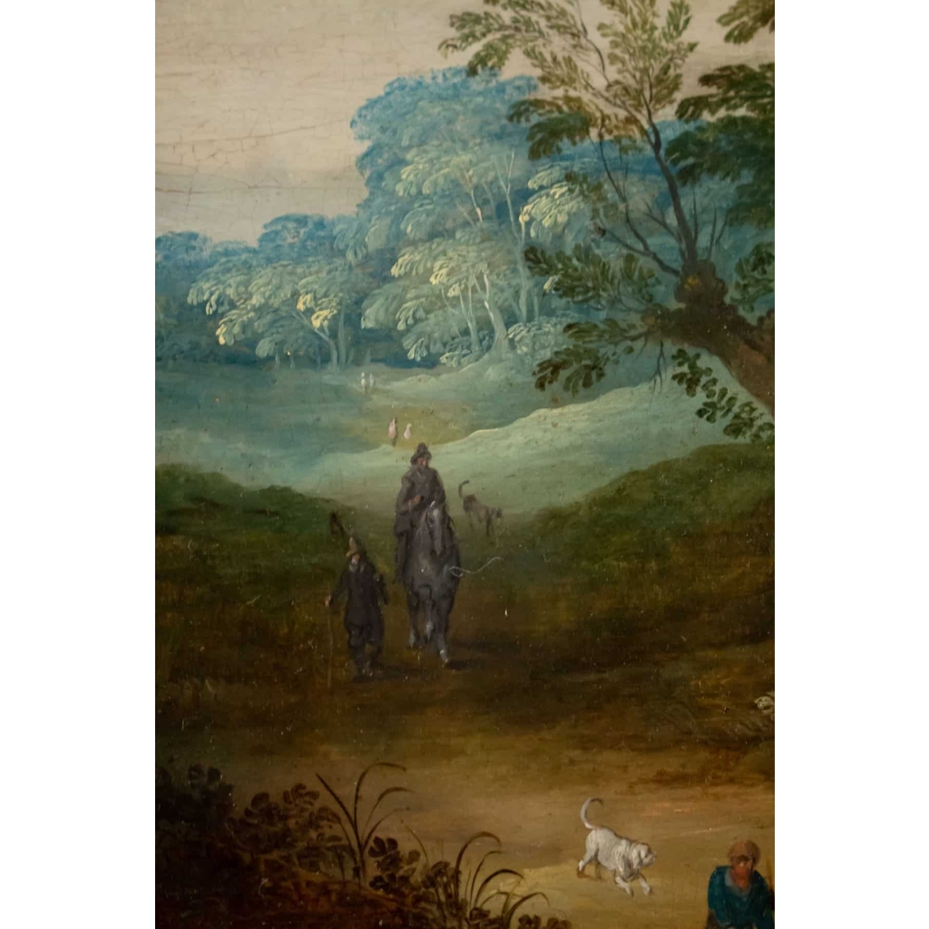 Personnages dans un sous-bois école flamande peinture XVIIème siècle