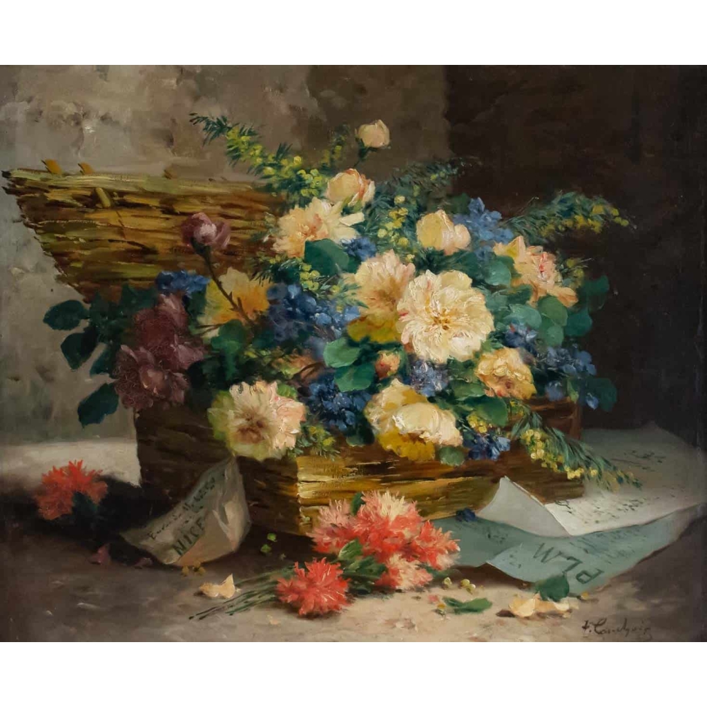 Eugène Henri Cauchois (1850 – 1911) : Panier de fleurs. | Biron ||||||