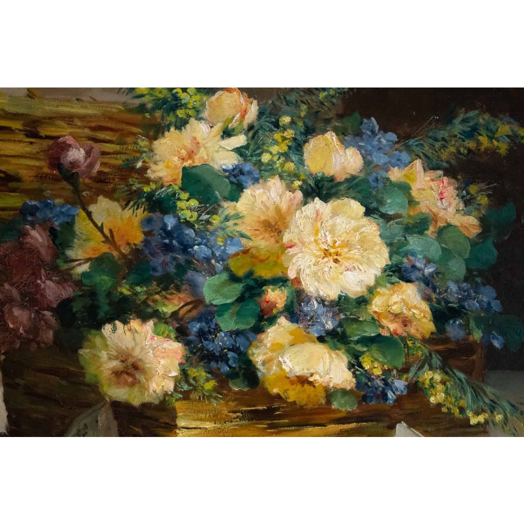 Eugène Henri Cauchois (1850 – 1911) : Panier de fleurs. | Biron Eugène Henri Cauchois (1850 - 1911) : Panier de fleurs.