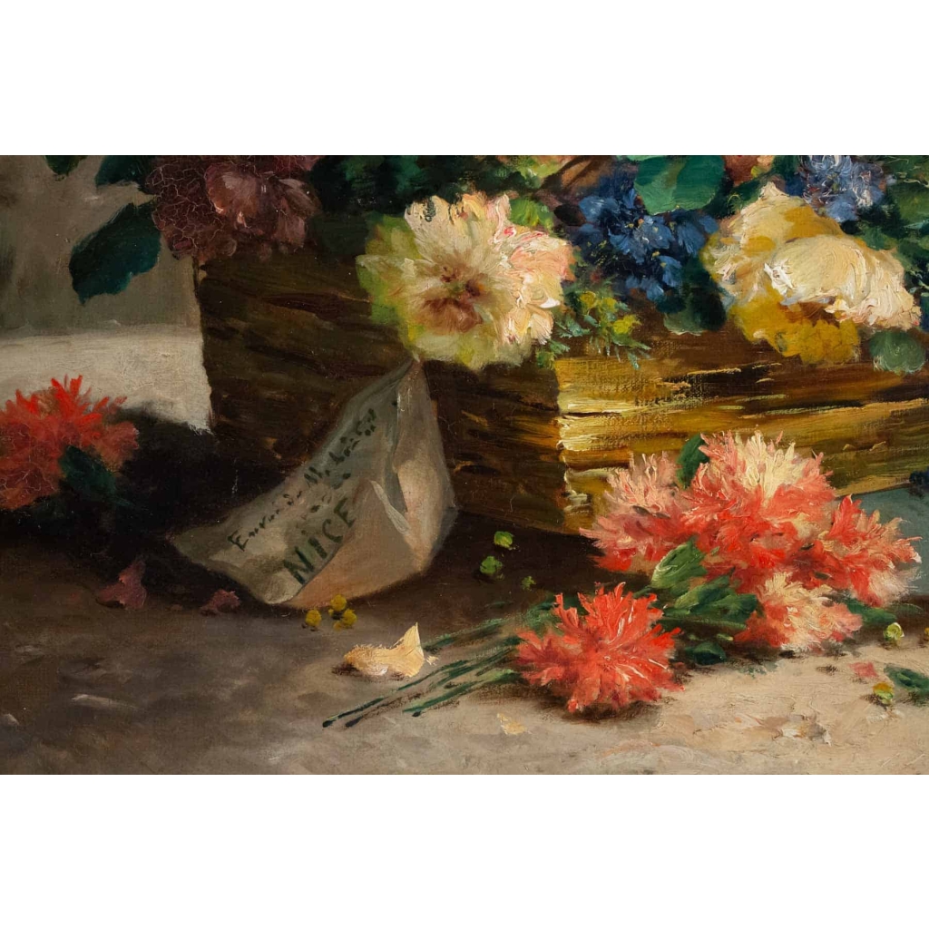 Eugène Henri Cauchois (1850 – 1911) : Panier de fleurs. | Biron Eugène Henri Cauchois (1850 - 1911) : Panier de fleurs.