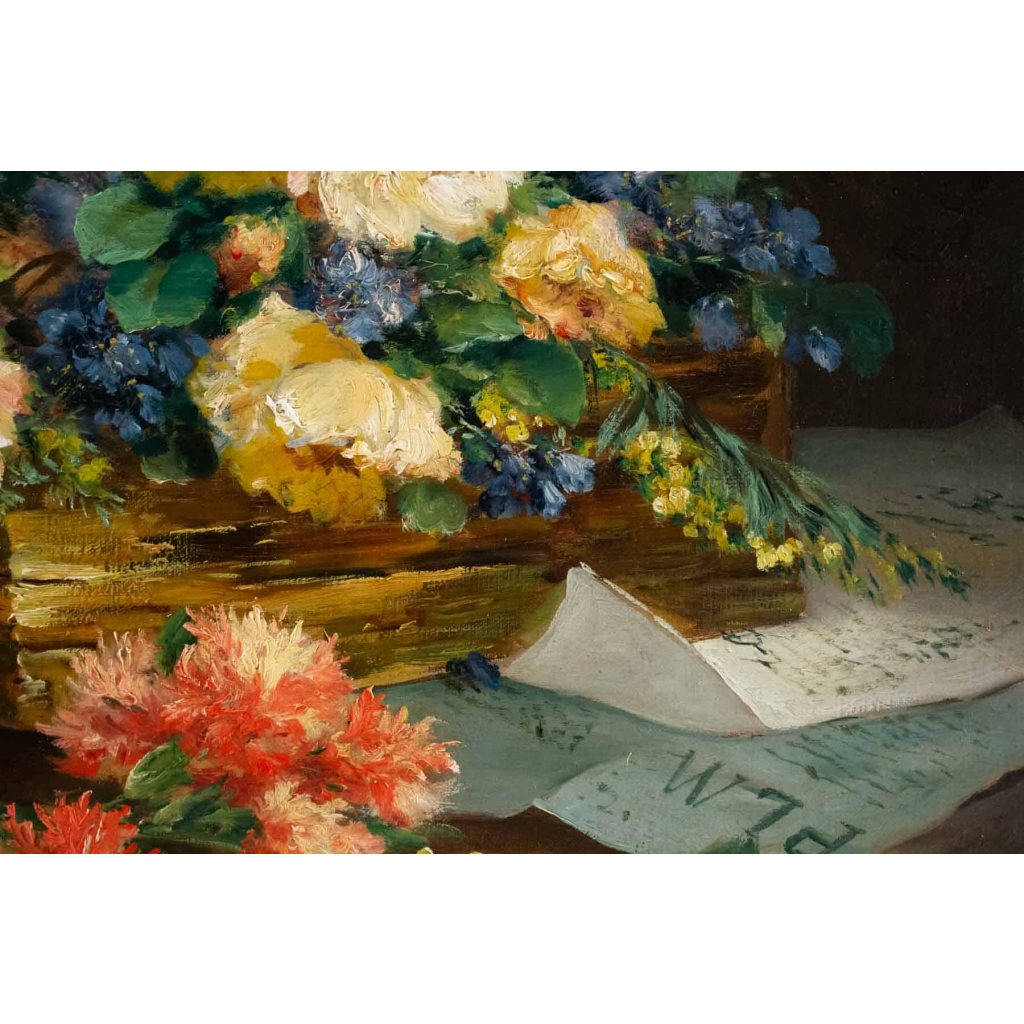 Eugène Henri Cauchois (1850 – 1911) : Panier de fleurs. | Biron Eugène Henri Cauchois (1850 - 1911) : Panier de fleurs.