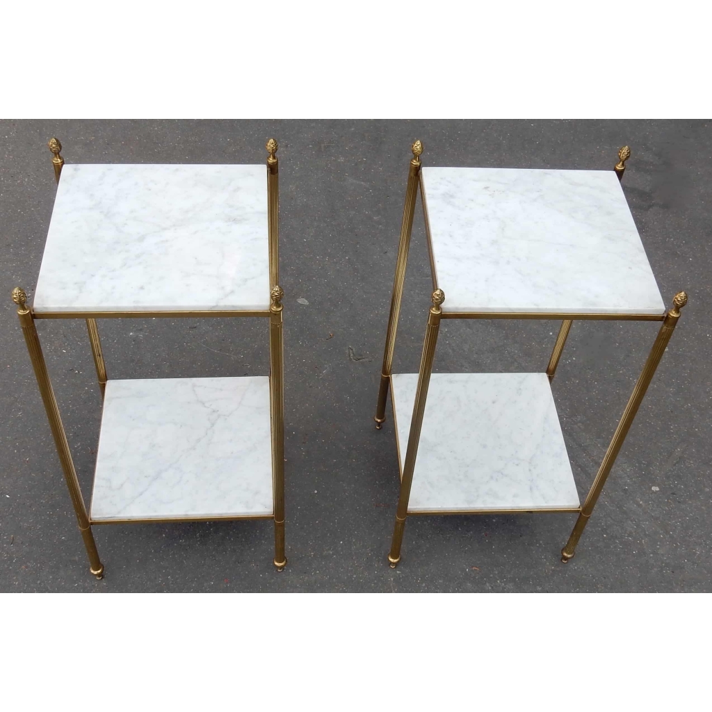 1950/70' Paire d'Etagères en Laiton à 2 Niveaux Maison Bagués Plateaux Marbre Blanc Veiné 33 X 33 cm