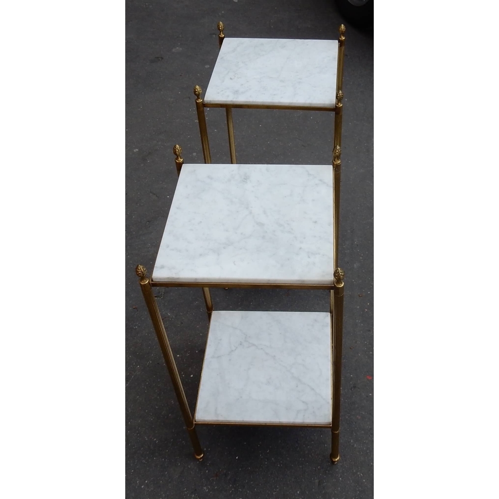 1950/70' Paire d'Etagères en Laiton à 2 Niveaux Maison Bagués Plateaux Marbre Blanc Veiné 33 X 33 cm