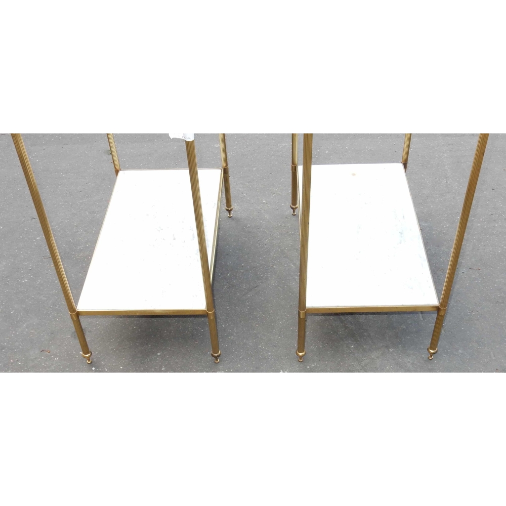 1950/70' Paire d'Etagères en Laiton à 2 Niveaux Maison Bagués Plateaux Marbre Blanc Veiné 33 X 61 cm