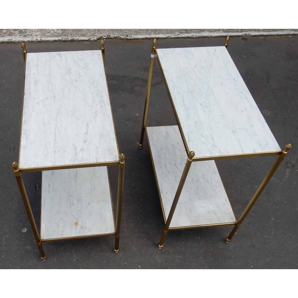 1950/70' Paire d'Etagères en Laiton à 2 Niveaux Maison Bagués Plateaux Marbre Blanc Veiné 33 X 61 cm