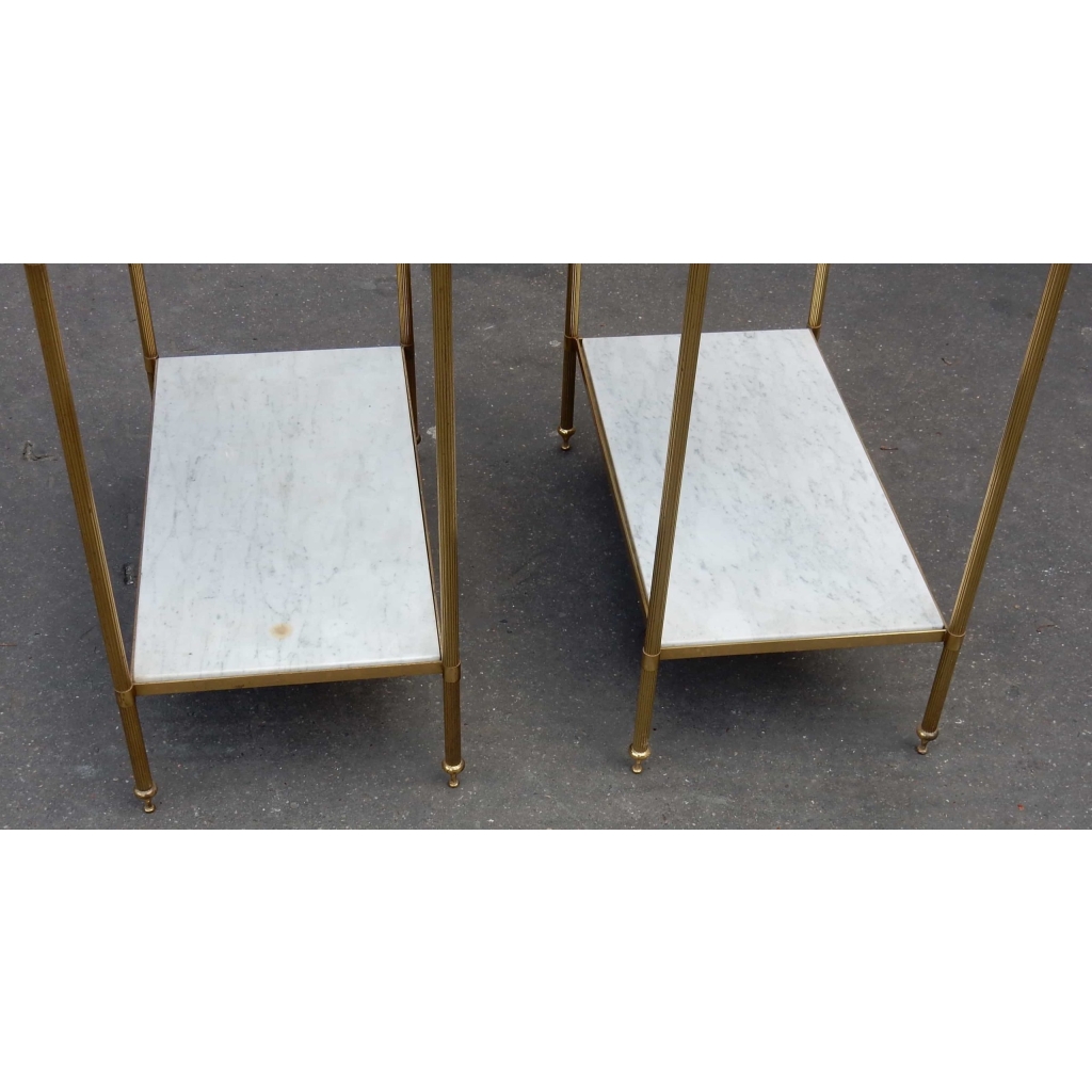 1950/70' Paire d'Etagères en Laiton à 2 Niveaux Maison Bagués Plateaux Marbre Blanc Veiné 33 X 61 cm