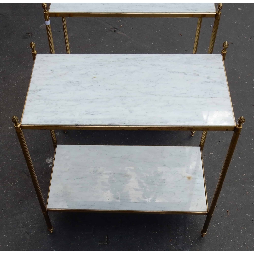 1950/70' Paire d'Etagères en Laiton à 2 Niveaux Maison Bagués Plateaux Marbre Blanc Veiné 33 X 61 cm