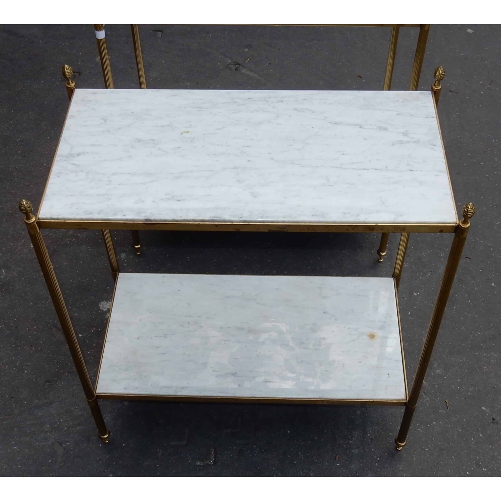 1950/70' Paire d'Etagères en Laiton à 2 Niveaux Maison Bagués Plateaux Marbre Blanc Veiné 33 X 61 cm