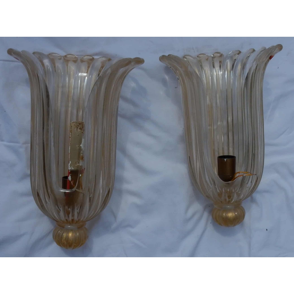 1970′ Paire d Appliques Etiquette Cristal Murano Archiméde Seguso | Biron 1970' Paire d Appliques Etiquette Cristal Murano Archiméde Seguso