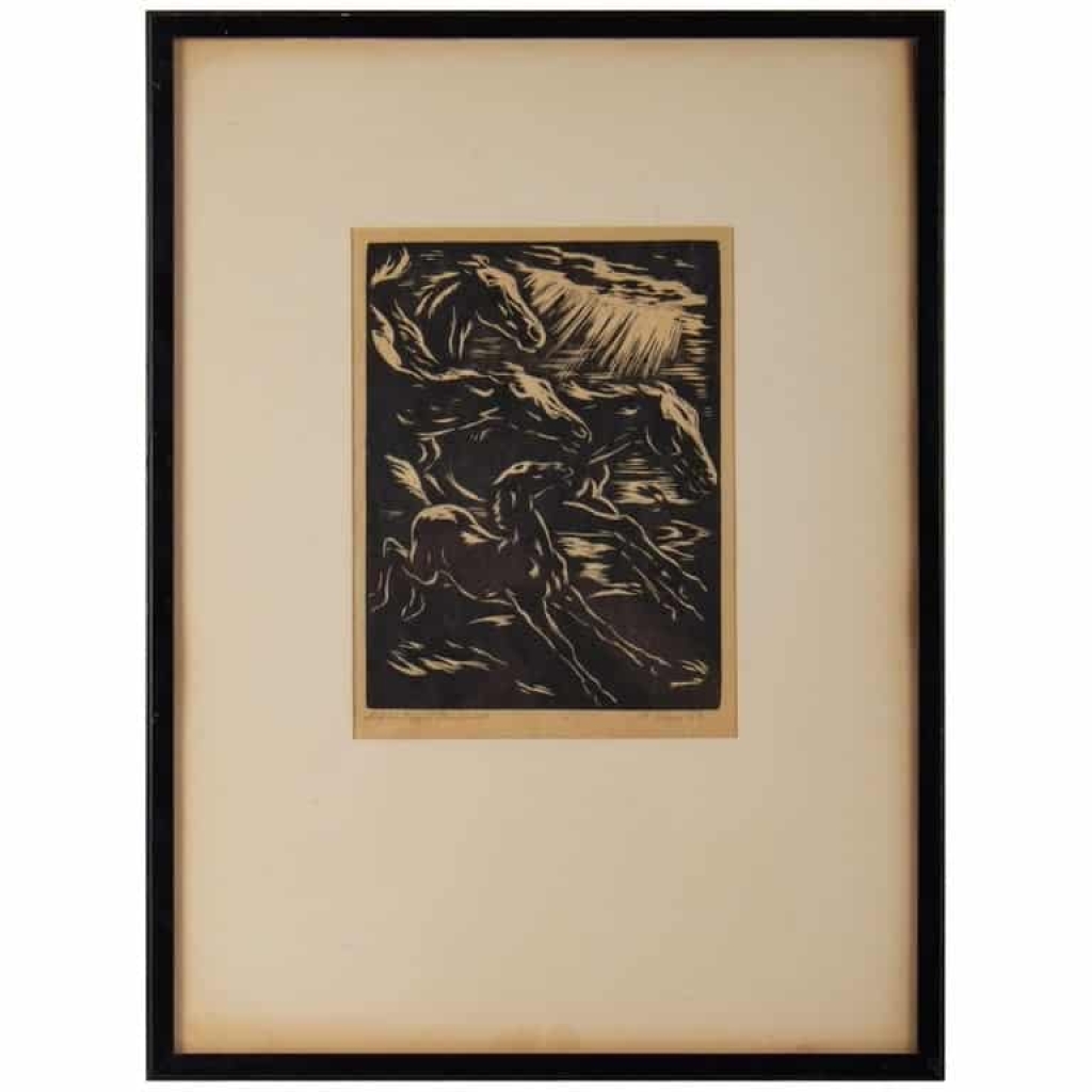 Gravure, Signée, 1928, Représentant Des Chevaux Stylisés En Course, Encadrée | Biron |||||||