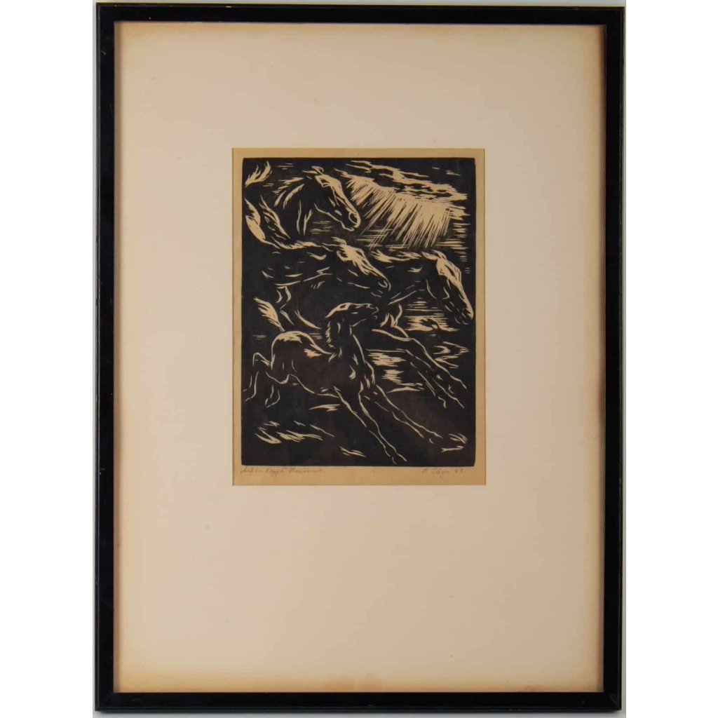 Gravure, Signée, 1928, Représentant Des Chevaux Stylisés En Course, Encadrée | Biron Gravure, Signée, 1928, Représentant Des Chevaux Stylisés En Course, Encadrée