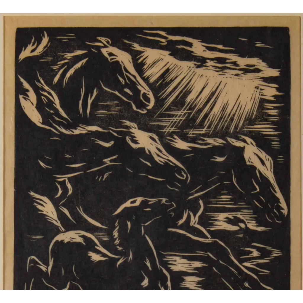 Gravure, Signée, 1928, Représentant Des Chevaux Stylisés En Course, Encadrée | Biron Gravure, Signée, 1928, Représentant Des Chevaux Stylisés En Course, Encadrée