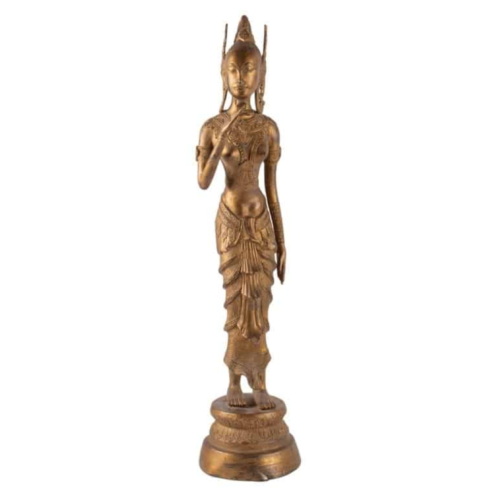 Déesse Indonésienne en Métal Doré Tenant une Fleur de Lotus, 1920-1940 | Biron |||||||||||