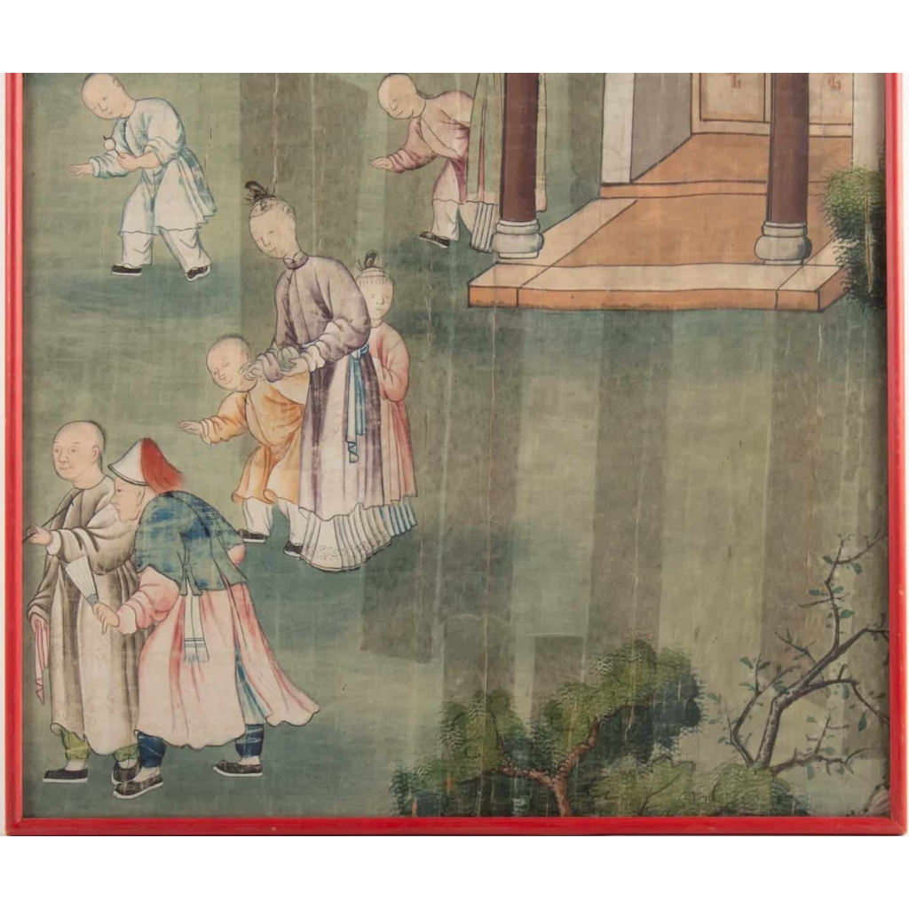 Soie, Peinture Chinoise, XIXème Siècle, Scène De Temple, Asie