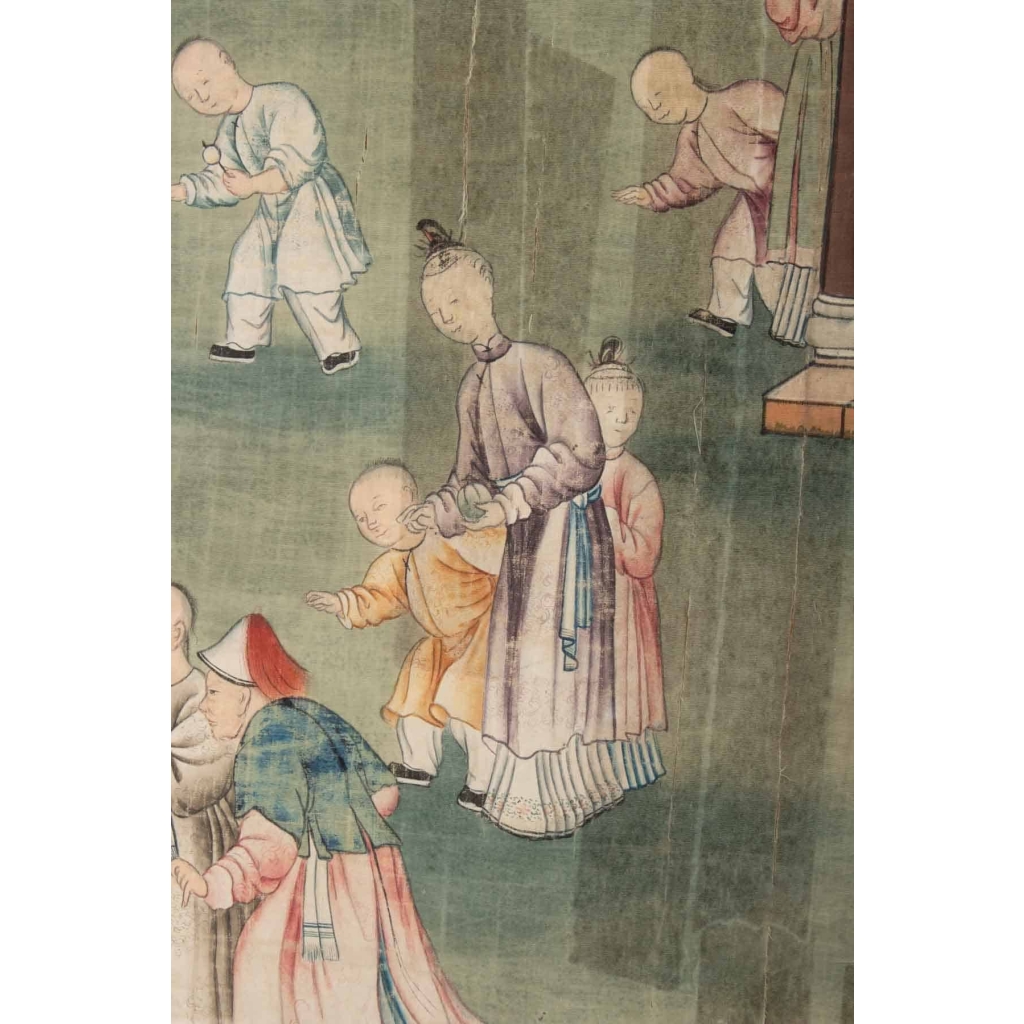 Soie, Peinture Chinoise, XIXème Siècle, Scène De Temple, Asie