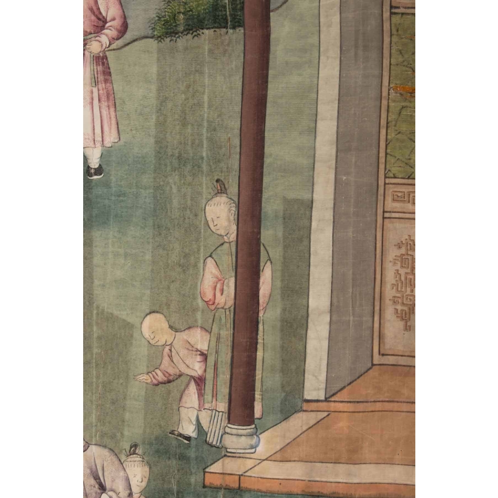 Soie, Peinture Chinoise, XIXème Siècle, Scène De Temple, Asie