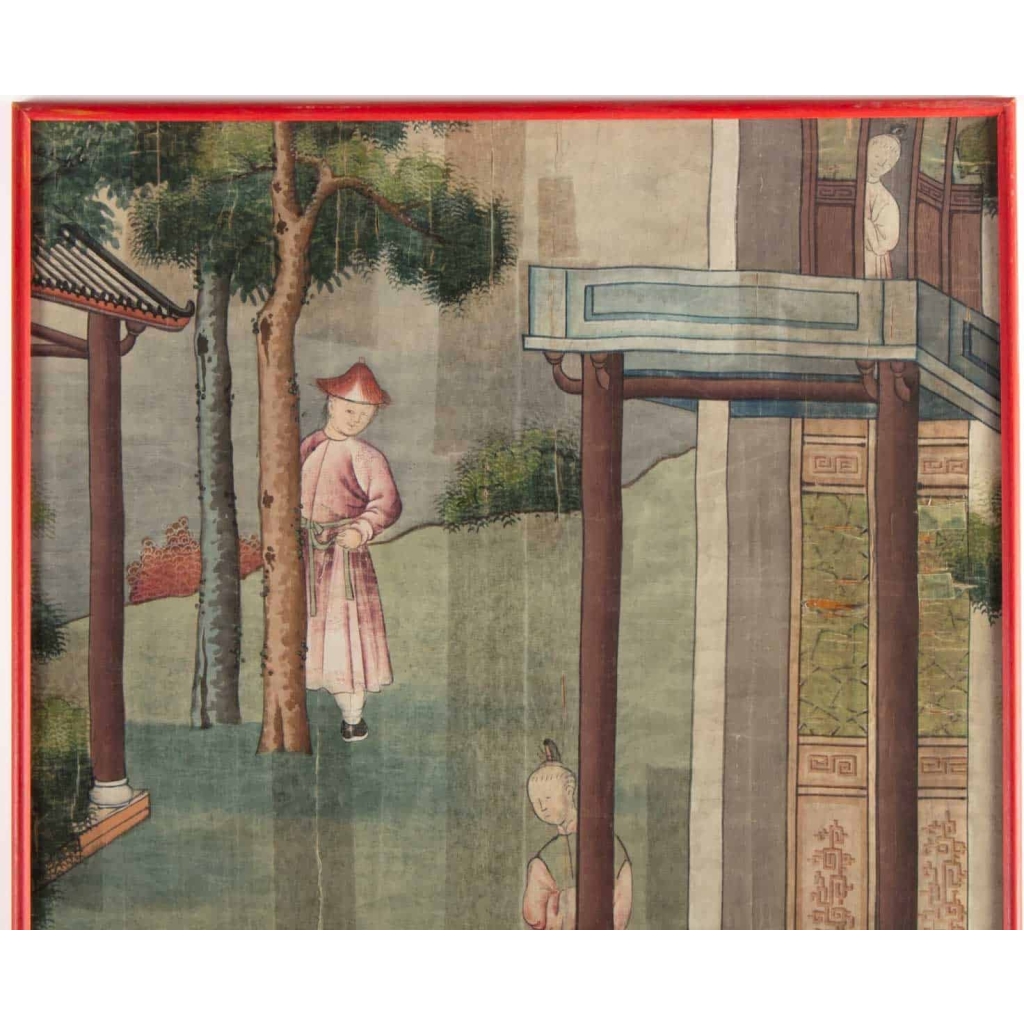 Soie, Peinture Chinoise, XIXème Siècle, Scène De Temple, Asie