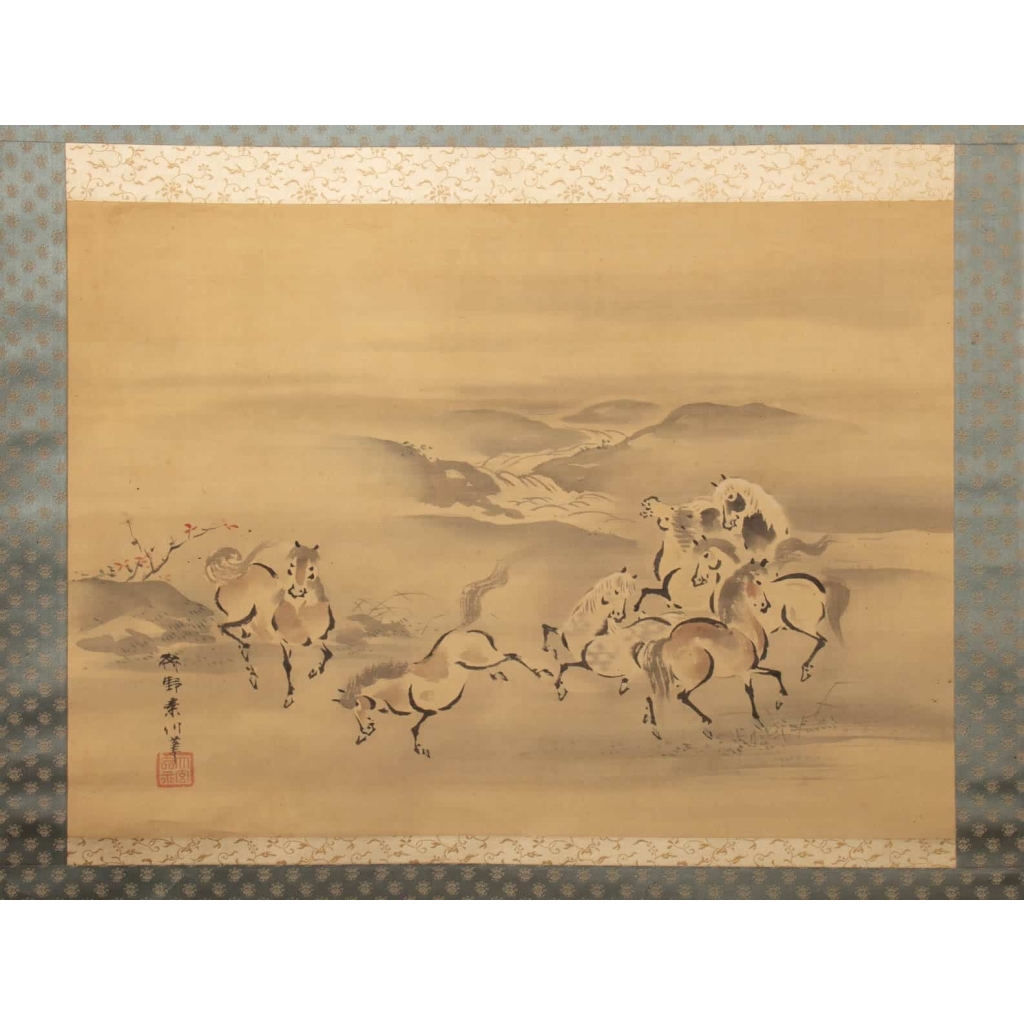 Kano Akinobu (狩野章信 – connu sous le nom de Kano Shoshin, Taigensai – 大玄齋- ou Sosen – 素川), Japon 1763 – 1826, Peinture de Chevaux en Liberté à Cote d’une Rivière, Kakemono (Rouleau Suspendu), Peinture sur Papier | Biron ||||||