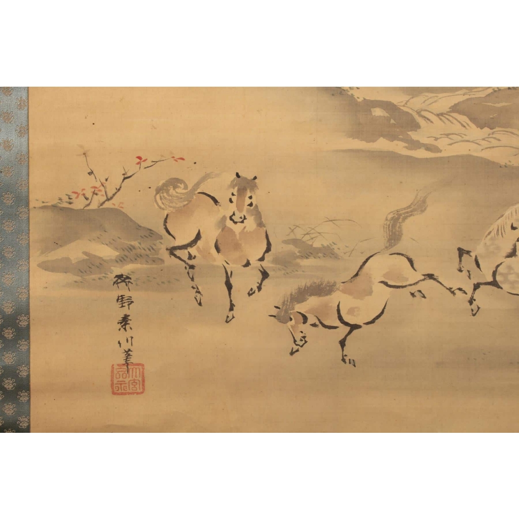 Kano Akinobu (狩野章信 – connu sous le nom de Kano Shoshin, Taigensai – 大玄齋- ou Sosen – 素川), Japon 1763 – 1826, Peinture de Chevaux en Liberté à Cote d’une Rivière, Kakemono (Rouleau Suspendu), Peinture sur Papier | Biron Kano Akinobu (狩野章信 – connu sous le nom de Kano Shoshin, Taigensai - 大玄齋- ou Sosen - 素川), Japon 1763 – 1826, Peinture de Chevaux en Liberté à Cote d’une Rivière, Kakemono (Rouleau Suspendu), Peinture sur Papier