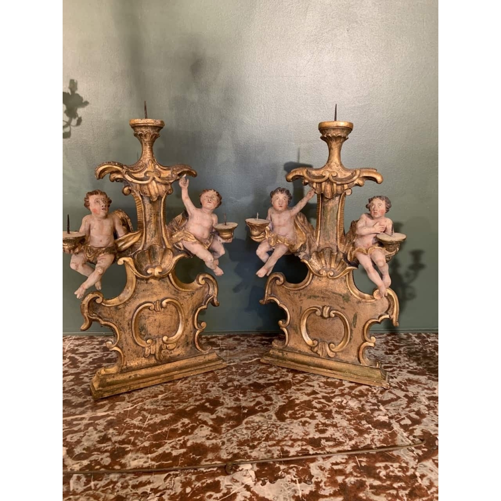 Paire de candélabres en bois polychrome. Italie XVII ème siècle. | Biron |||||||||