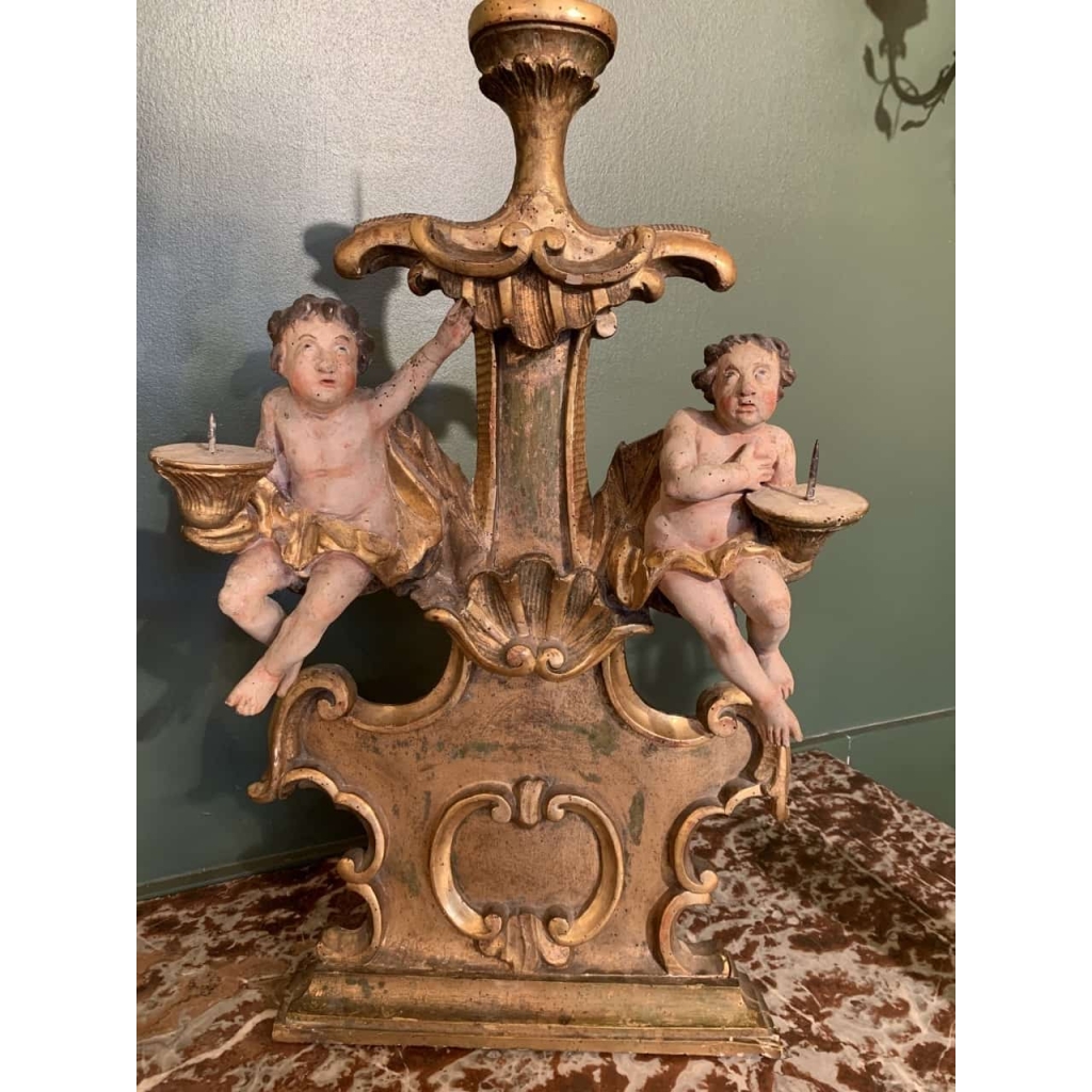 Paire de candélabres en bois polychrome. Italie XVII ème siècle. | Biron Paire de candélabres en bois polychrome. Italie XVII ème siècle.