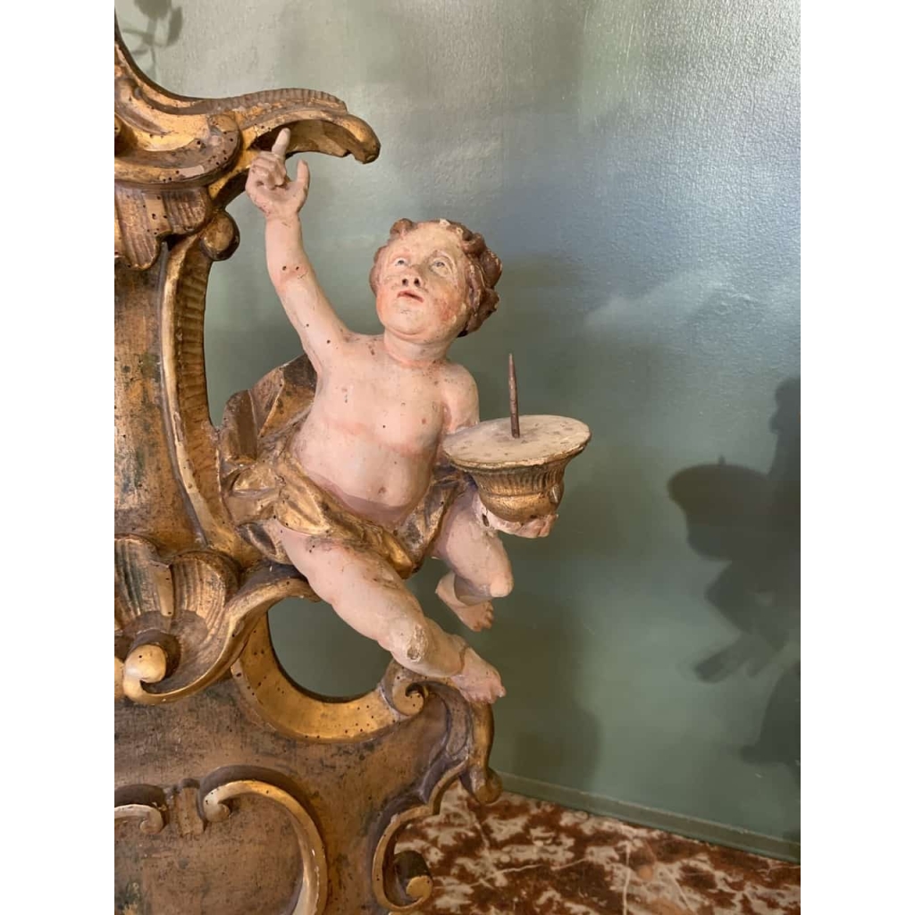 Paire de candélabres en bois polychrome. Italie XVII ème siècle. | Biron Paire de candélabres en bois polychrome. Italie XVII ème siècle.