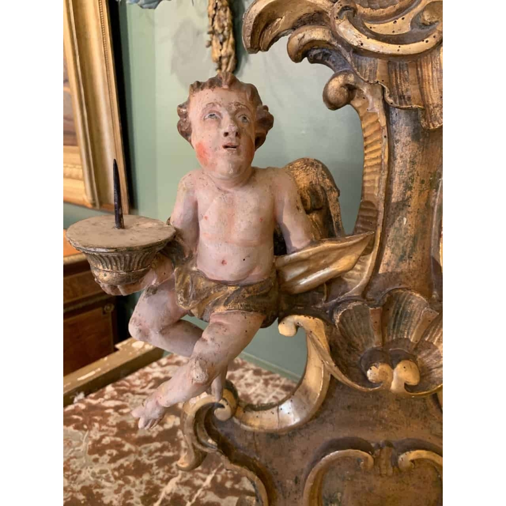 Paire de candélabres en bois polychrome. Italie XVII ème siècle. | Biron Paire de candélabres en bois polychrome. Italie XVII ème siècle.