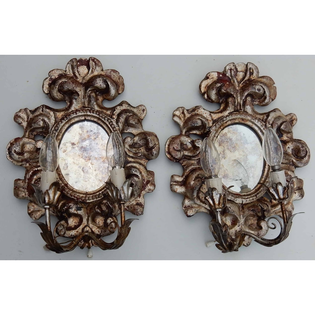 1950′ Paire d Appliques Renaissance Italienne de Style En Bois Argenté | Biron ||||||||||