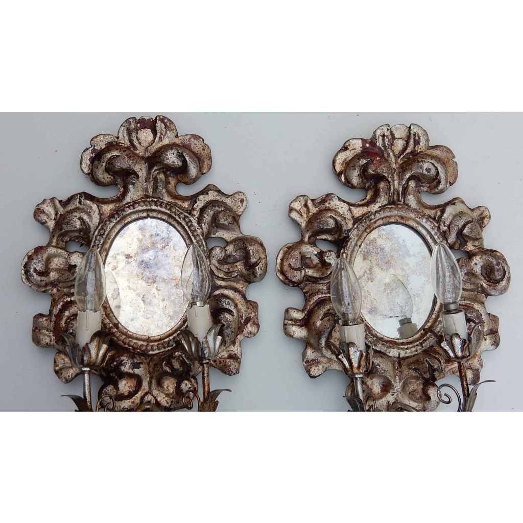 1950′ Paire d Appliques Renaissance Italienne de Style En Bois Argenté | Biron 1950' Paire d Appliques Renaissance Italienne de Style En Bois Argenté