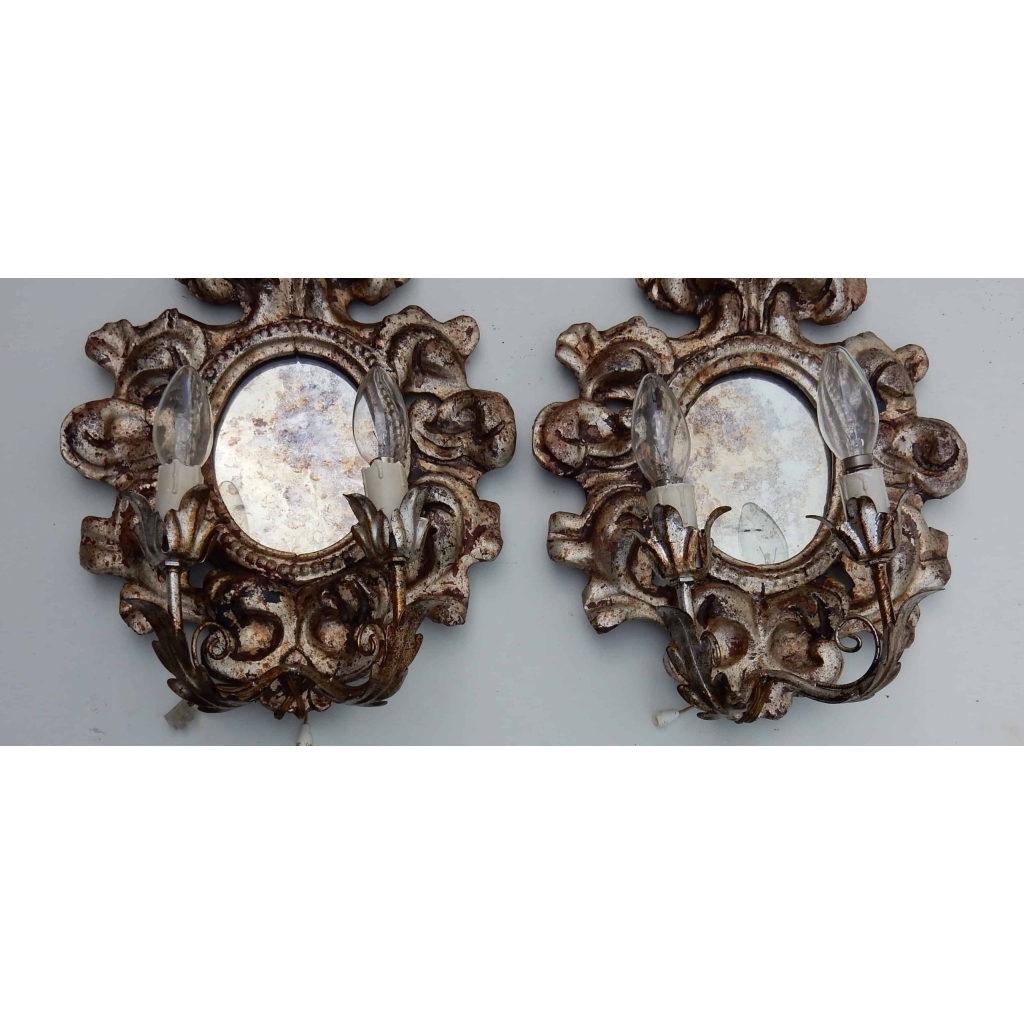 1950′ Paire d Appliques Renaissance Italienne de Style En Bois Argenté | Biron 1950' Paire d Appliques Renaissance Italienne de Style En Bois Argenté