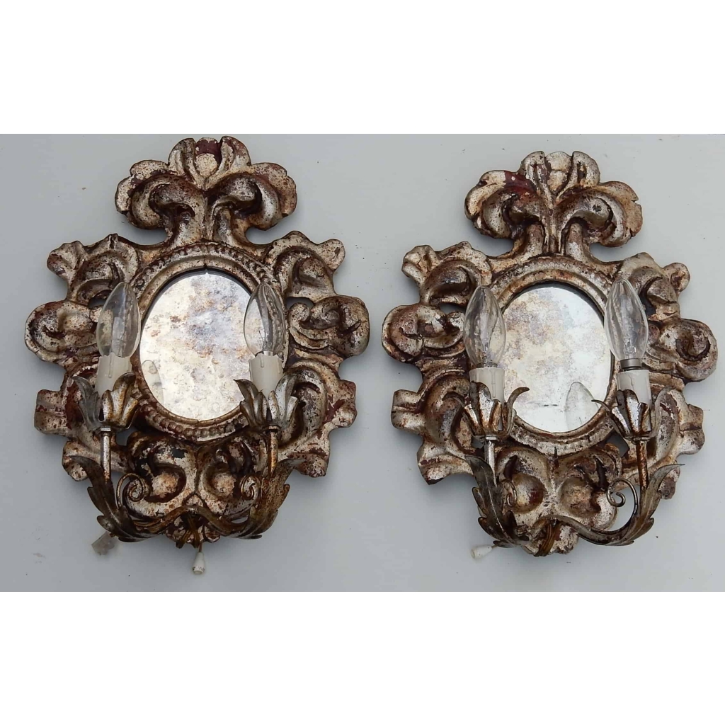 1950′ Paire d Appliques Renaissance Italienne de Style En Bois Argenté | Biron 1950' Paire d Appliques Renaissance Italienne de Style En Bois Argenté